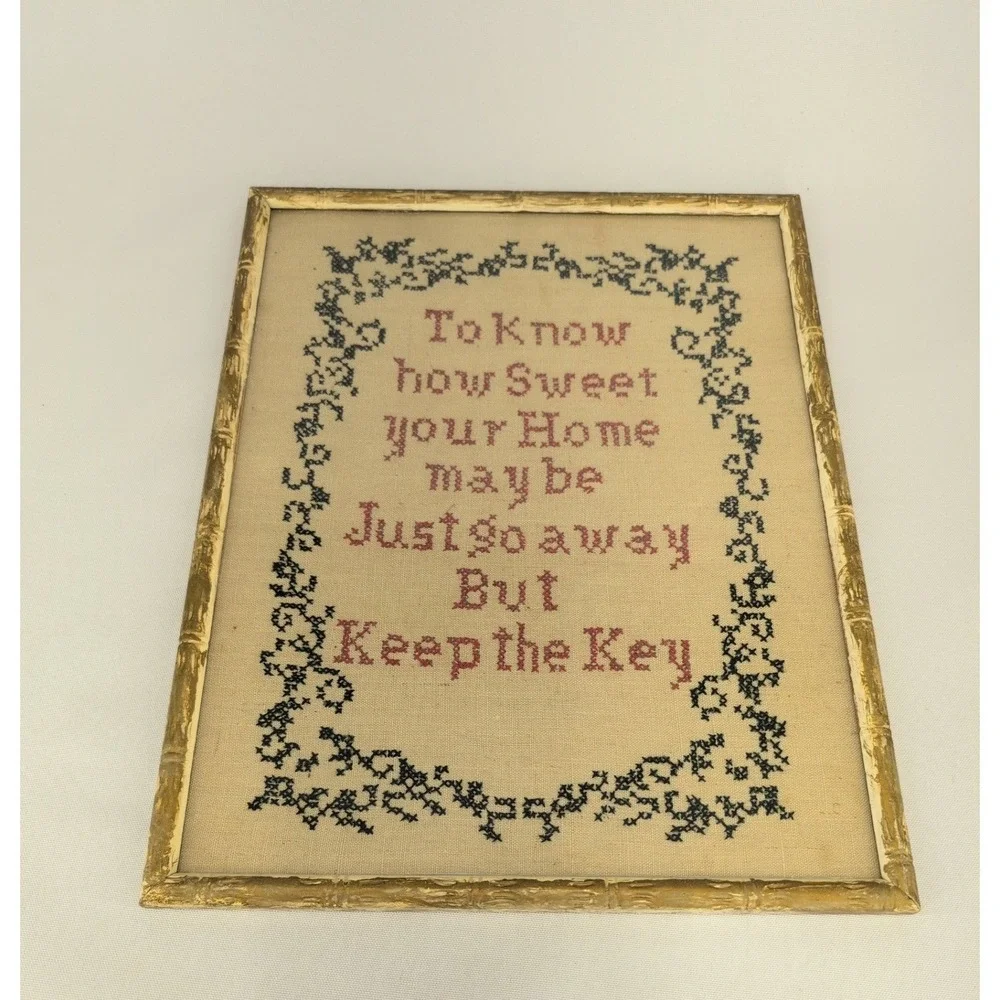 Vintage Cross Stitch Gold Faux Bamboo Frame Home Sweet Home Wall Art